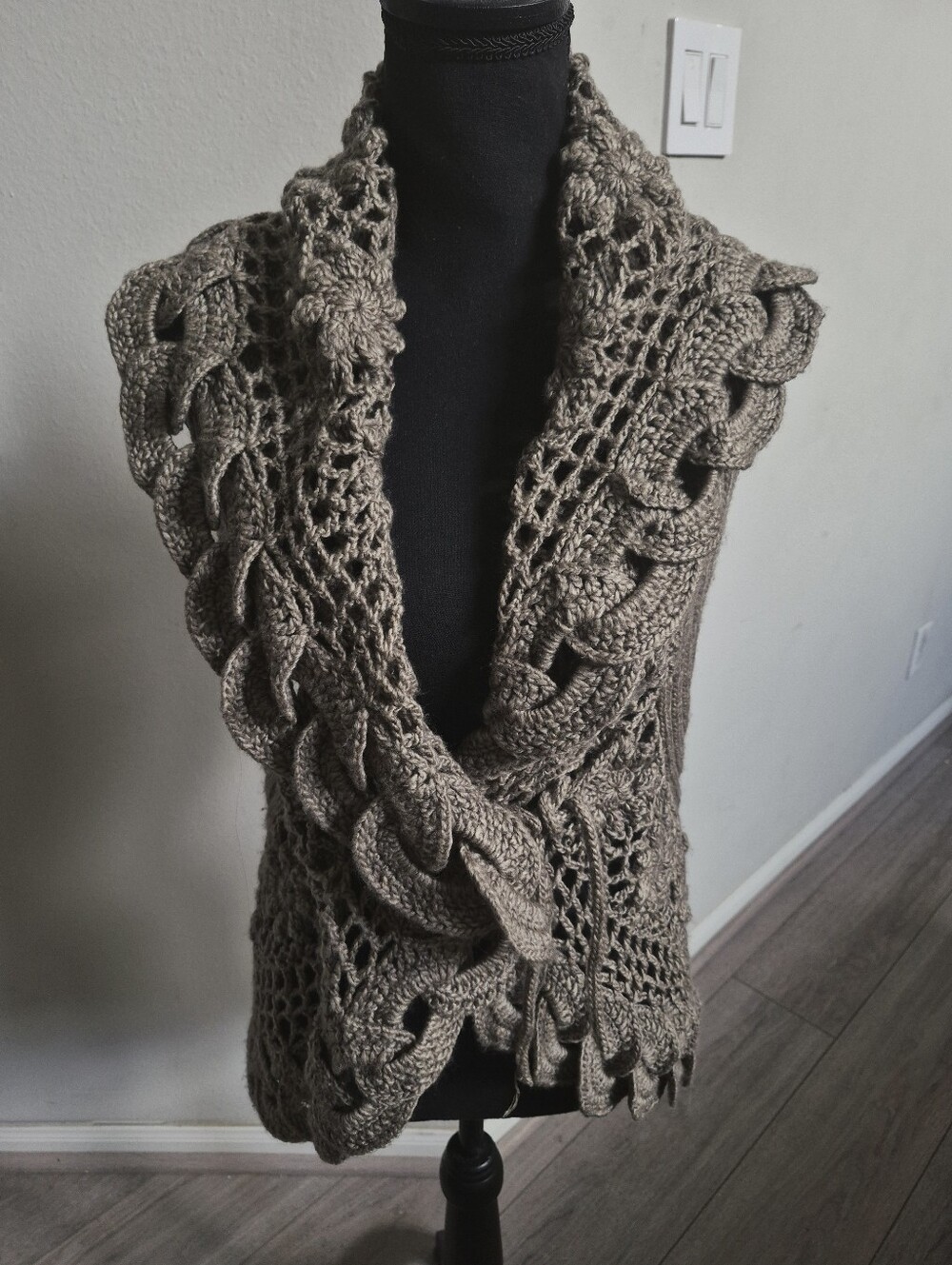 John Fashion  Sweater Open-Front Crochet Chain-Trim Vest Cardigan - Taupe Size S